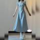 French seaside vacation blue dress women's summer 2023 new drape waist and thin square collar long skirt
