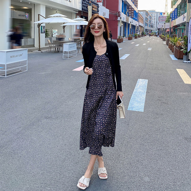 Light cooked wind new floral suspender dress long women's two-piece suit 2021 fat mm thin autumn outfit