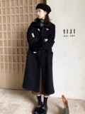 Черное женское осеннее и зимнее высококачественное шерстяное пальто с угловыми пуговицами Hepburn, новый горячий стиль 2025 года
