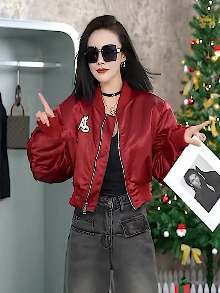 Fashionable autumn jacket, red short cardigan with zipper, set, European style