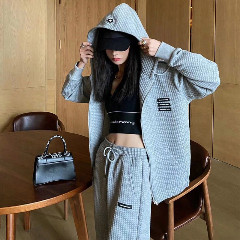 Waffle net red famous brand sportswear casual suit women's early spring thin section fashion high-end hooded sweatshirt two-piece set