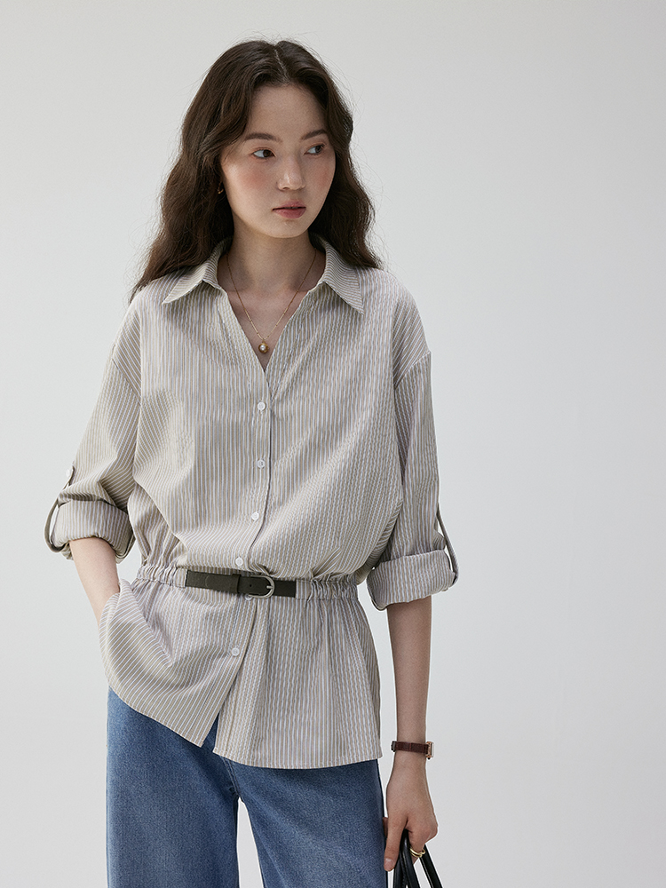 「芥末派VOOE」设计V领收腰条纹宽松衬衫女早秋新款气质通勤上衣