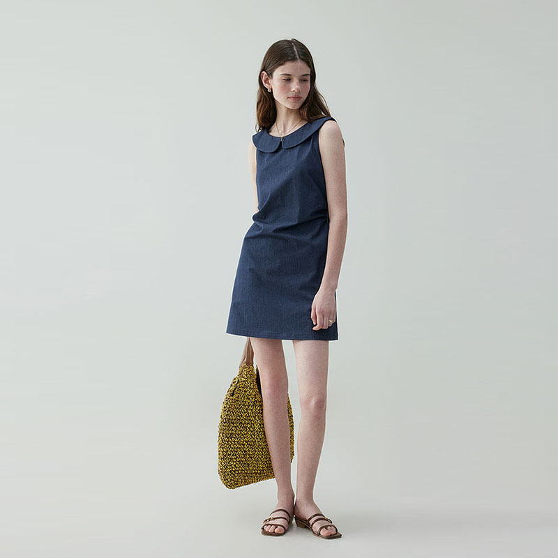 Mustard Pie Vooe Sleeveless Doll Collar Waist-Tie Dress for Women 25 Summer Slim Fit Denim-Style Skirt