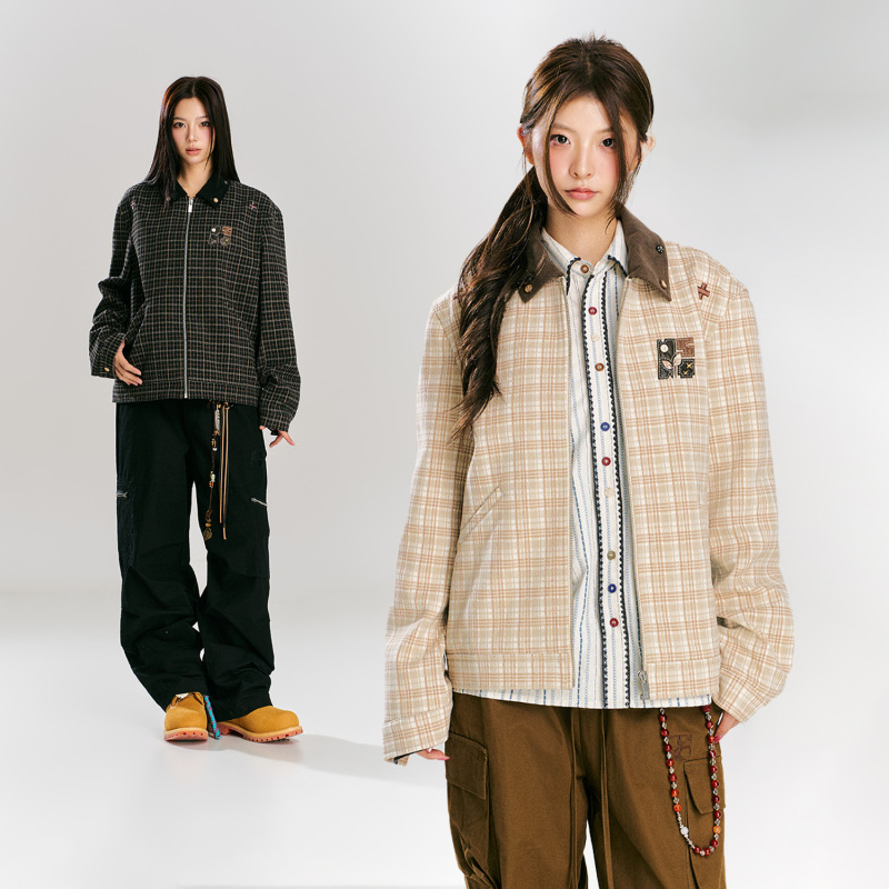 Nstnew Start Sprout Plan "Retro Star Path" Patchwork Embroidered Lapel Plaid Woolen Jacket