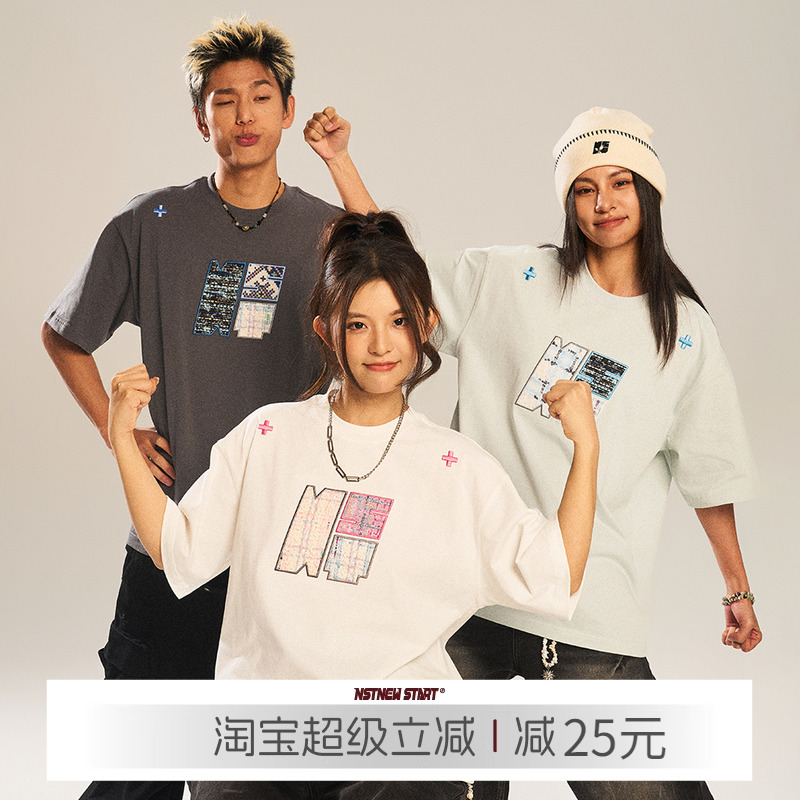 NSTNEW START スプラウティングプラン パッチ刺繍 アメリカンレトロ 夏 ゆったり カジュアル オールマッチ 半袖Tシャツ