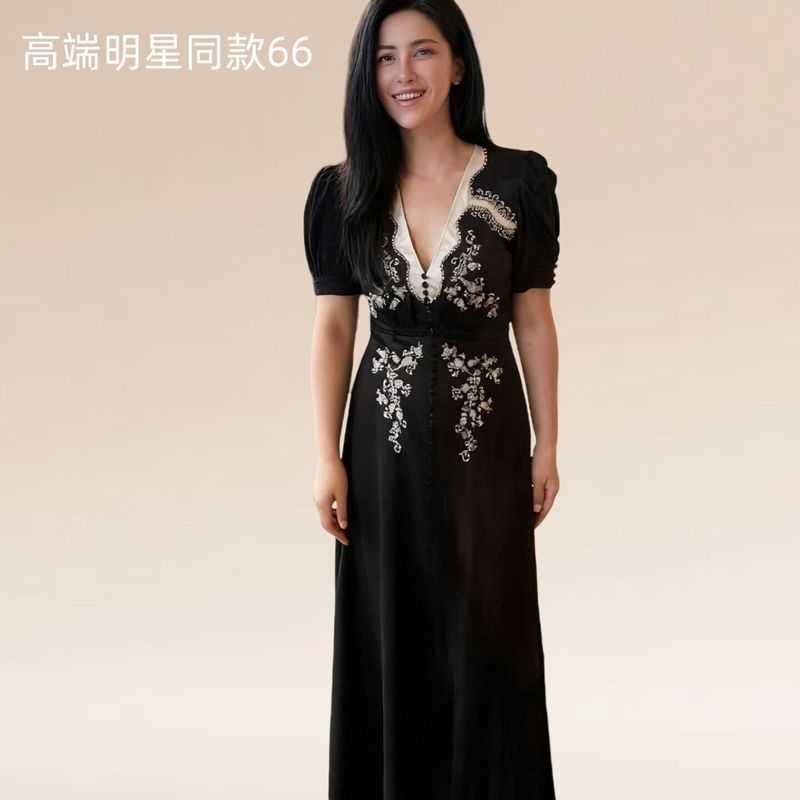 European and American Zhu Zhu's Same Style Black Waist Slimming Look A-Line Printed Embroidered Long Skirt High-End Puff Sleeve V Neck Dress