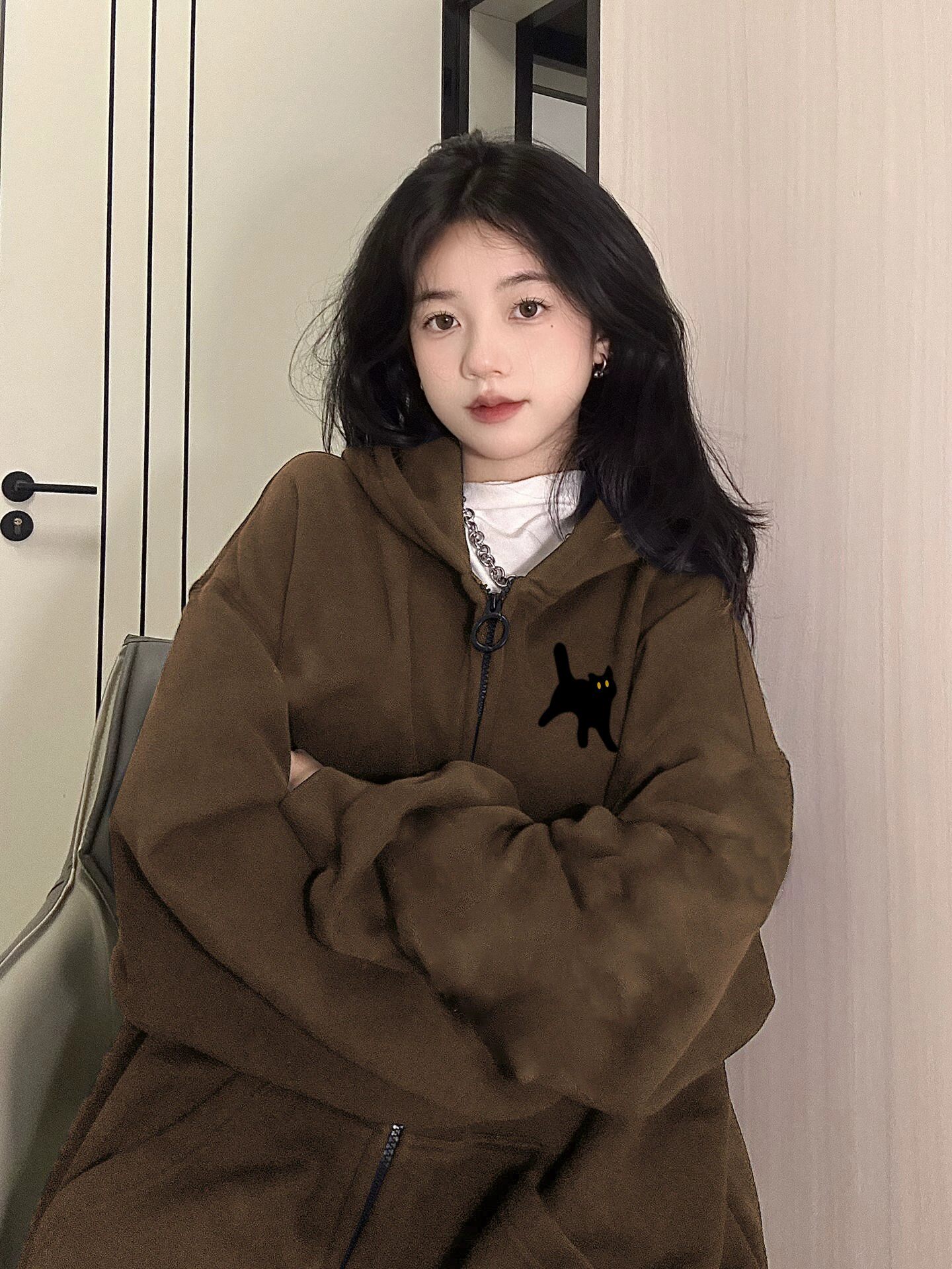 Brown Shandong as the Movewear woman autumn winter 2023 new Merard wearing a hitch American retro hat jacket blouses-Taobao