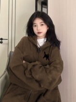 Brown Shandong Jimo sweatshirt for women autumn and winter 2023 new Maillard wear American retro hooded jacket top