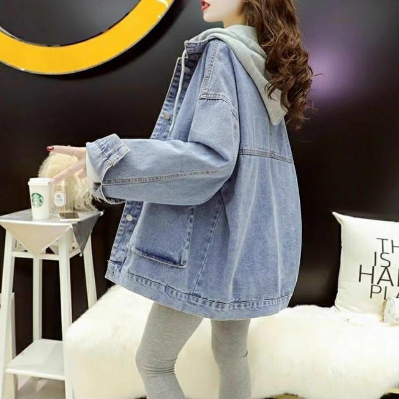 Korean version easing even cap denim jacket female spring autumn season new age reduction 100 hitch a big code retro student jacket blouses-Taobao