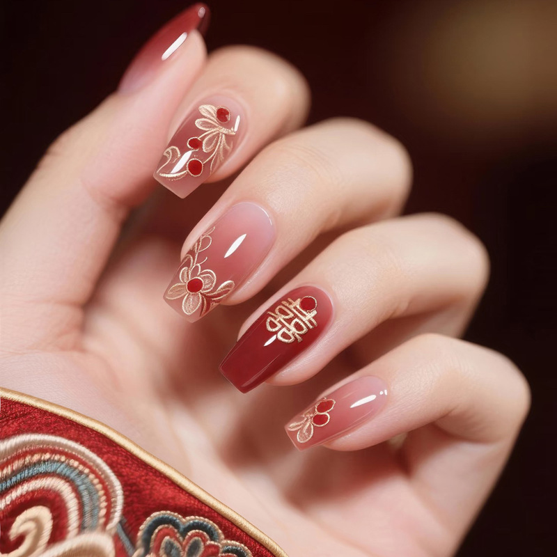 Red Chinese-Style Manicure, Wearable Nails, Mid-Length Retro New Chinese-Style Wedding Nails, Bridal Nail Patches Red Chinese-Style Manicure, Wearable Nails, Mid-Length Retro New Chinese-Style Wedding Nails, Bridal Nail Patches
