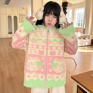 扣扣商店CokoStore 原创可爱草莓小猫毛衣连帽针织外套百搭甜美