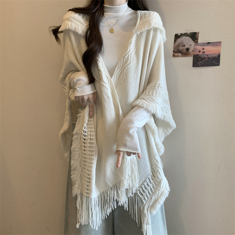 Mid-Length Tassel Hooded Sweater Coat for Women, Early Spring New Style, Plus Size, Loose Outerwear, Cape Shawl Top