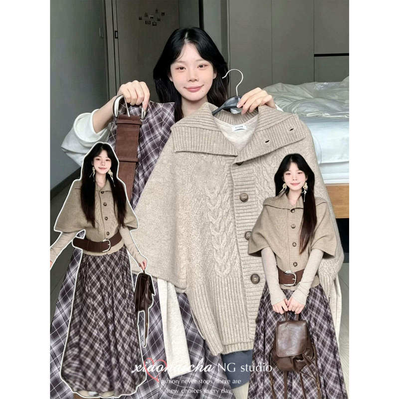 Lazy Style Lapel Knitted Cardigan Cape Sweater for Women, Early Autumn Retro Twist Pattern Loose Sweet Korean Style Sweater Lazy Style Lapel Knitted Cardigan Cape Sweater for Women, Early Autumn Retro Twist Pattern Loose Sweet Korean Style Sweater
