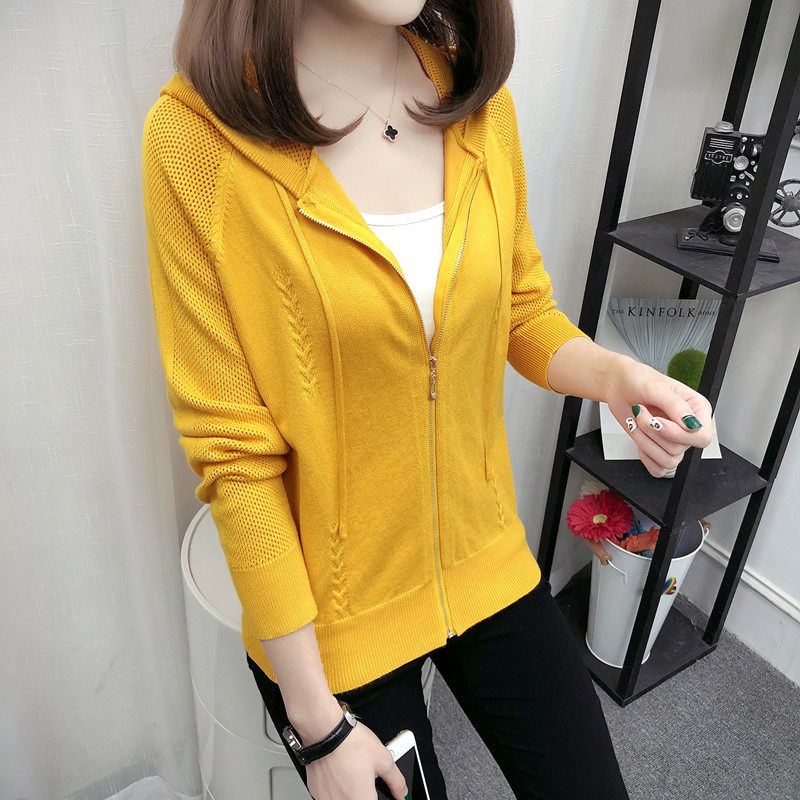 2020 spring and autumn new Korean version sweater women's coat hooded loose openwork shirt outside with lazy wind knitted cardigan