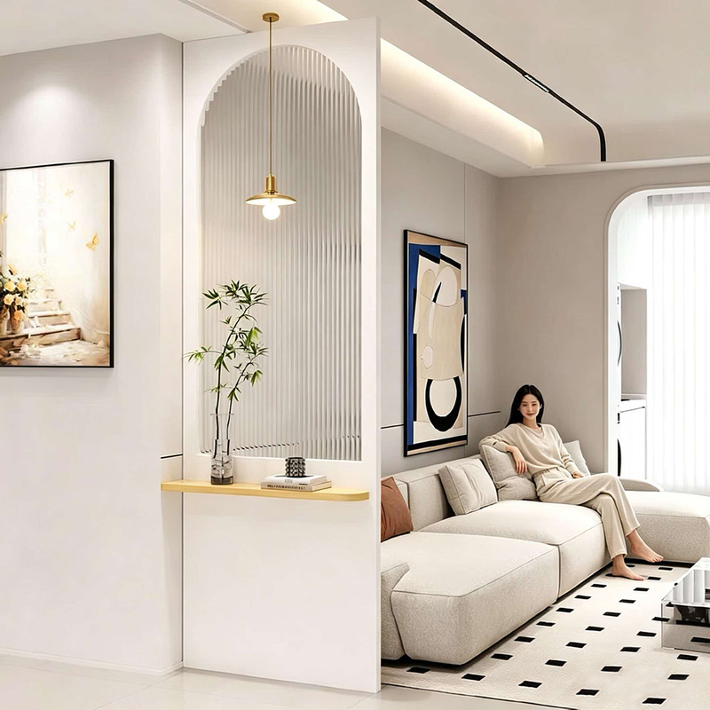 French-Style Cream-Colored Living Room Entrance Screen Partition with Artistic Glass for Master Bedroom, Bathroom, and Office, Featuring Curved Dividers