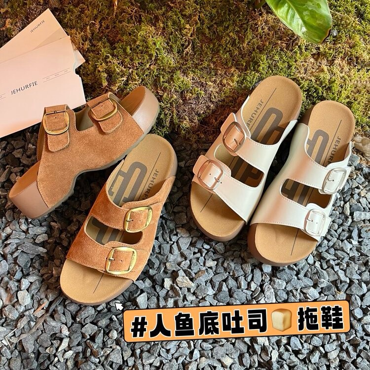 Ji Huafei and Sun Qian's Same Style Leather Buckle Mermaid Sole Birkenstock-Style Slippers with Genuine Leather Strap, Half-Slipper, One-Strap Sandals