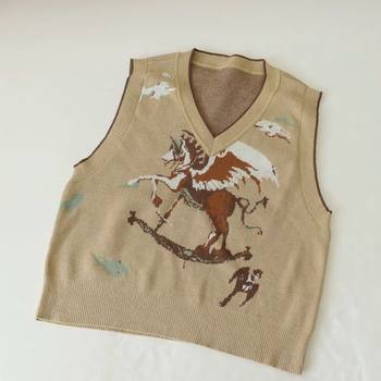 Women's nostalgic retro jacquard v-neck wool vest, terry cloth fabric is soft and not sticky