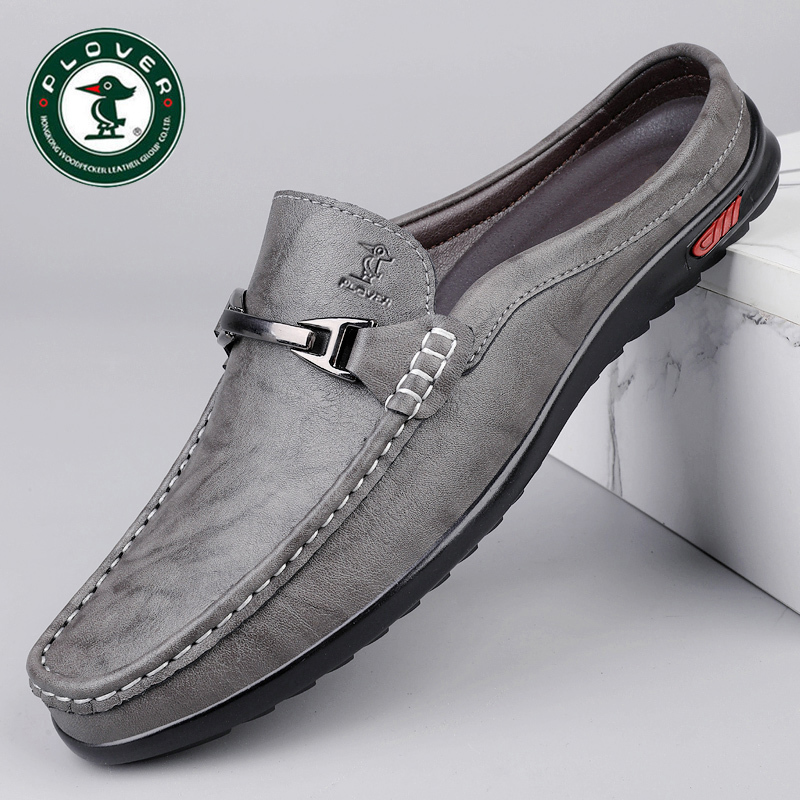 Plover Brand Genuine Half-Slippers for Men, Genuine Leather, New Breathable Slip-On Men's Summer Leather Slippers, Trendy