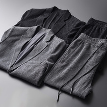 Suit mens suit autumn thin retro old tencel striped pleated ruffian handsome mens casual suit jacket