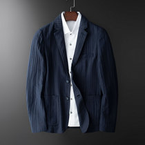 Linen blazer mens autumn light striped pleated cotton and linen material mens small suit top single west ruffian handsome tide