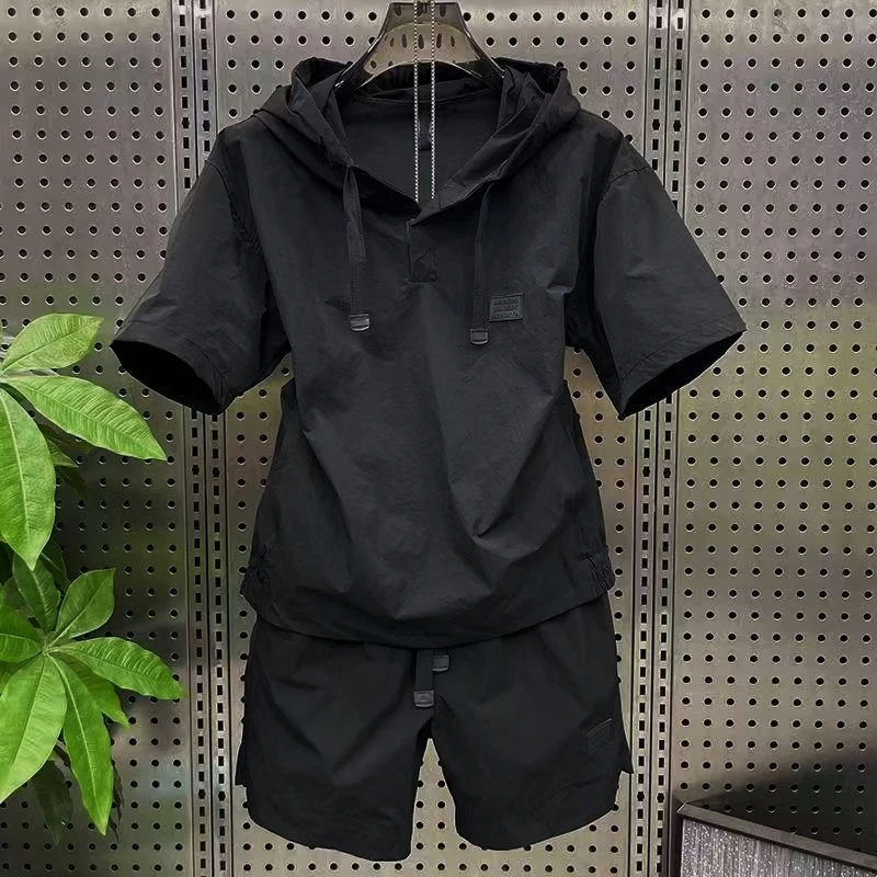 Summer Lightweight Breathable Sun Protection Clothing, Fashionable Hooded Short-Sleeved Shorts Two-Piece Set, Trendy Simple Solid Color Casual Suit