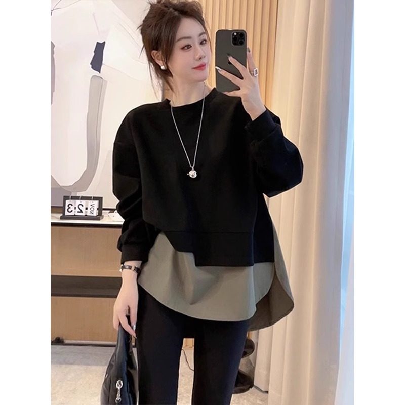 假两件拼接卫衣女秋冬新款欧货加厚上衣胖mm时尚百搭慵懒风外套潮