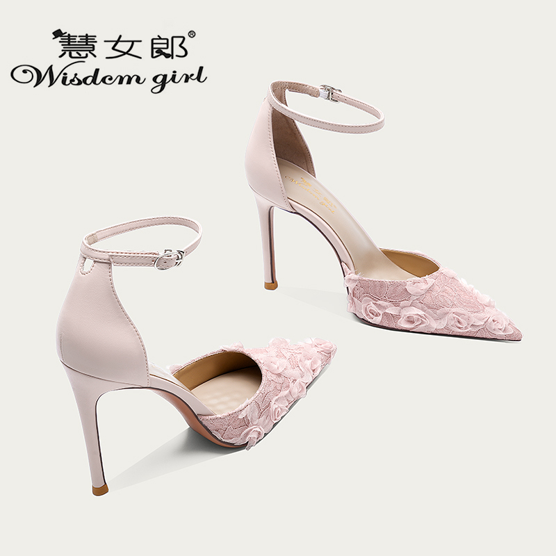 Hui Nvlang 2025 New Pink Pointed Toe Stiletto Shallow High Heels Women's Work Shoes Hollow Single Strap Shoes