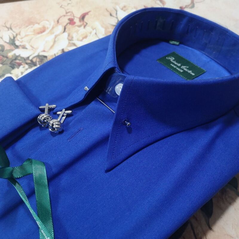 Rare Sapphire Blue Rich Imperial Collar Pin French Cufflinks No-Iron Anti-Wrinkle Men's Slim Long-Sleeved Shirt