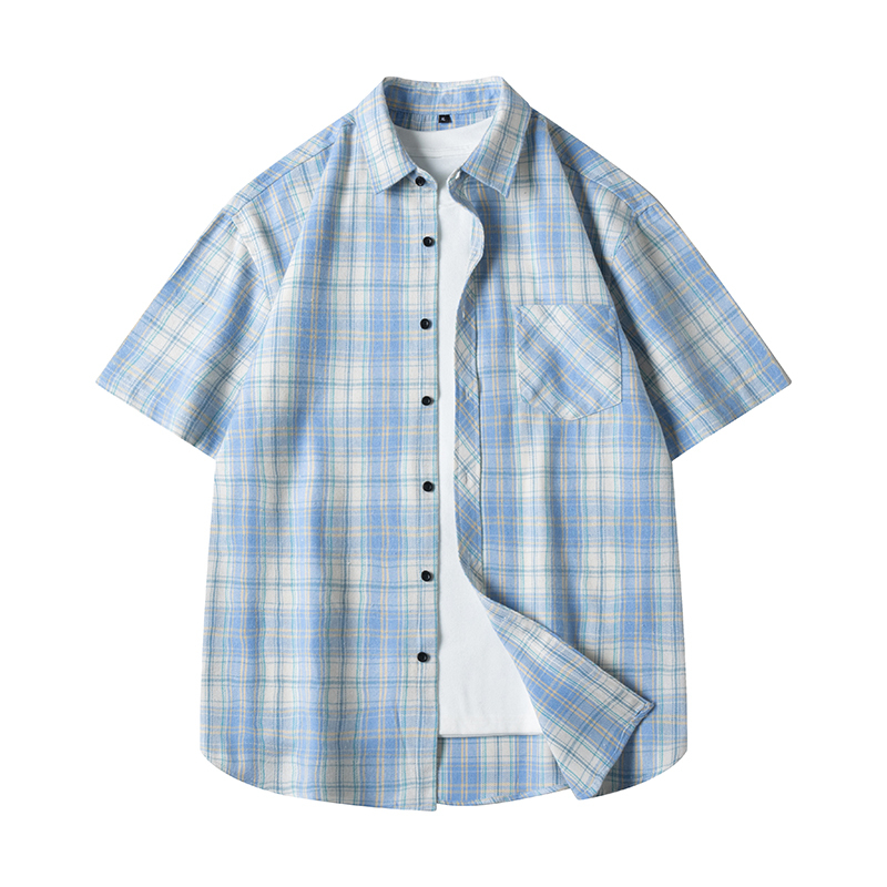 Plaid Shirt for Men, Summer Thin Style, Loose Fit, Short Sleeves, Turn-Down Collar, Drop Shoulder Sleeves, Cool and Trendy Casual Shirt, Polyester-Cotton Fashion Plaid Shirt for Men, Summer Thin Style, Loose Fit, Short Sleeves, Turn-Down Collar, Drop Shoulder Sleeves, Cool and Trendy Casual Shirt, Polyester-Cotton Fashion