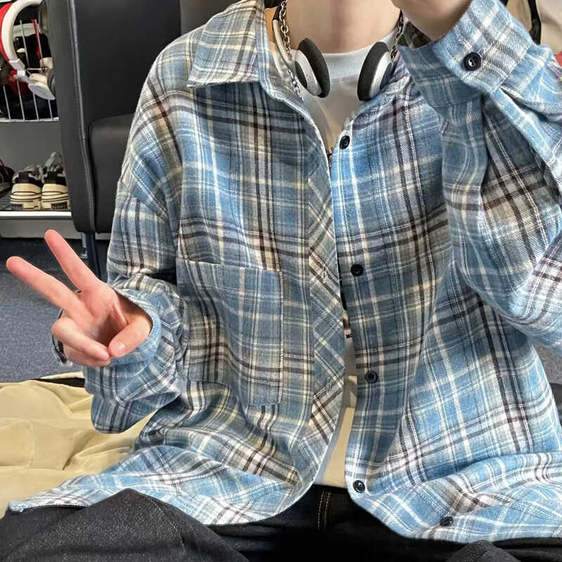 Men's Plaid Shirt for Outerwear, Long-Sleeved, Japanese Retro American Style, Thin, New Trendy Loose Dopamine Shirt Men's Plaid Shirt for Outerwear, Long-Sleeved, Japanese Retro American Style, Thin, New Trendy Loose Dopamine Shirt
