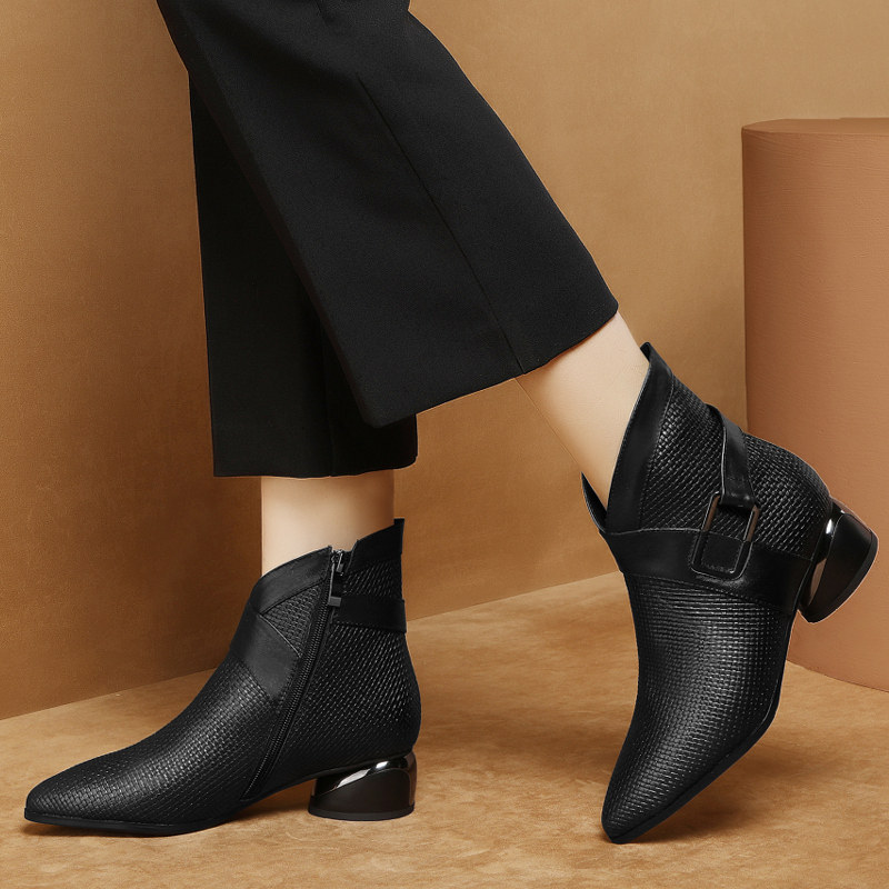 Short Boots Woman Autumn Winter New Coarse heel Martin boots heel genuine leather boots big size women shoes 100 hitch Roman shoe gush-Taobao