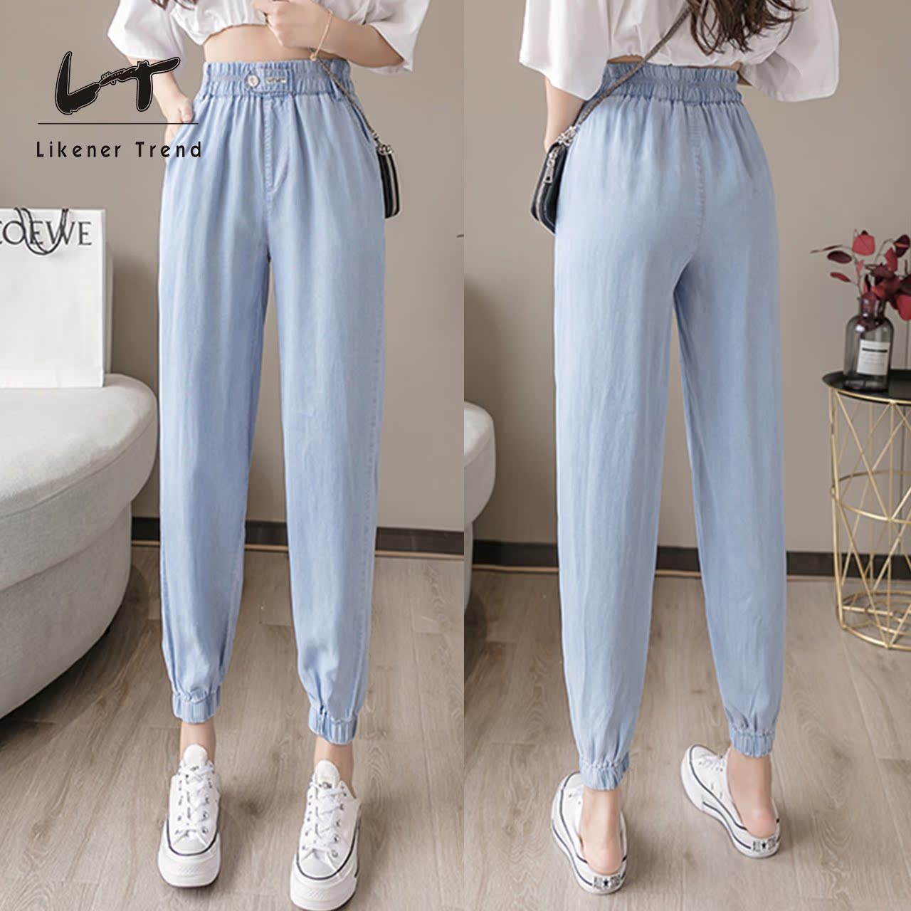 LT2020 Summer Hàn Quốc phiên bản mới thời trang Ice Silk Jeans nữ Feet nhỏ Loose-fitting Silk quần Straight Lantern Tide