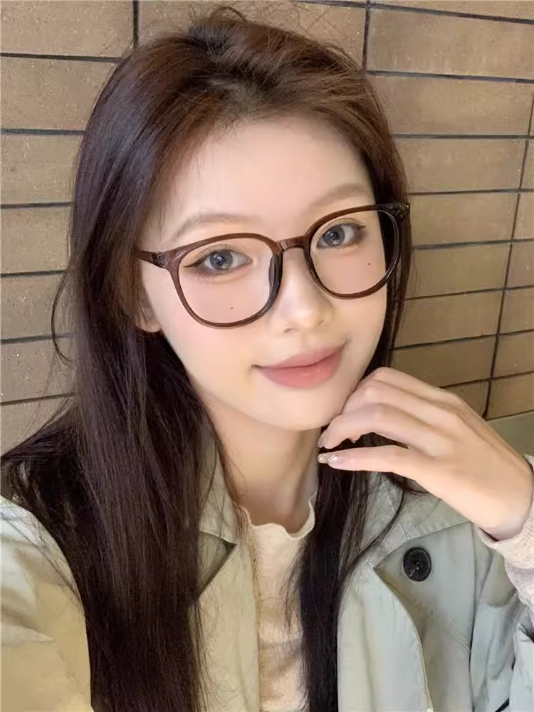Ultra-Light Retro Brown Glasses for Women with Myopia, Can Be Fitted with Astigmatism Prescription, Korean Style Large Frame That Makes the Face Look Smaller, Trendy Plain Eyeglass Frames