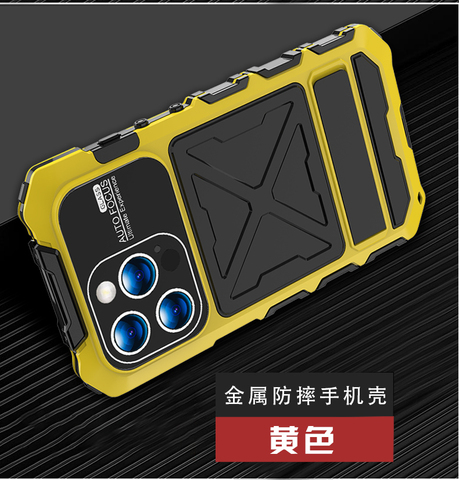 Yellow — RJUST 3 Layer Tough Shockproof Drop Resistant Metal Airbag 4 Corner 360 Full Protection Heavy Duty 15, 15 Plus, 15