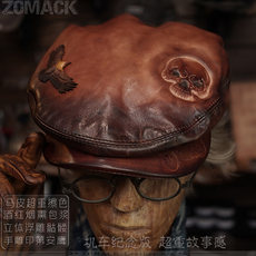 Ручная роспись шляпы 真马皮贝雷鸭舌帽男复古大檐机械师机车手工皮雕浮雕骷髅印第安鹰