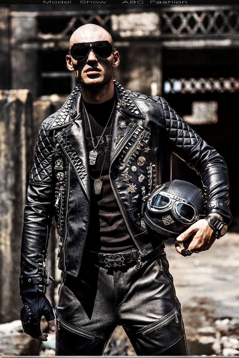 O1CN01tsNZ9S1azF68yl1Fh !!21903400 Motorcycle leather men's tide hip hop rivet punk lapel leather jacket trend Korean version of the diagonal zipper handsome