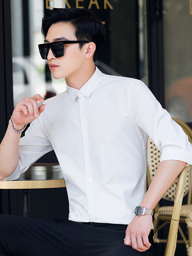 OECANA2021 summer casual five-point sleeve shirt Men's shirt Slim solid color ruffian handsome shirt seven-point sleeve shirt