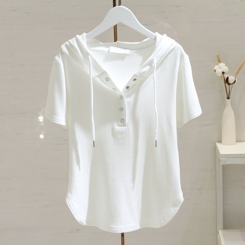 White Ribbed Hooded T-Shirt for Women, Short Sleeve, 2026 Summer New Style, Loose Fit, Slimming, Versatile Pullover Hooded Top