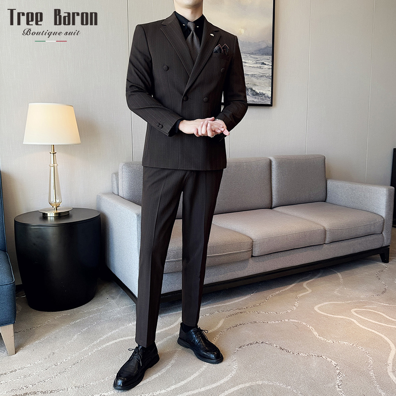 High-End Suit Set for Men, Wedding Attire, Korean Style Slim Fit Groom Suit, British Style, High-End Business Formal Wear