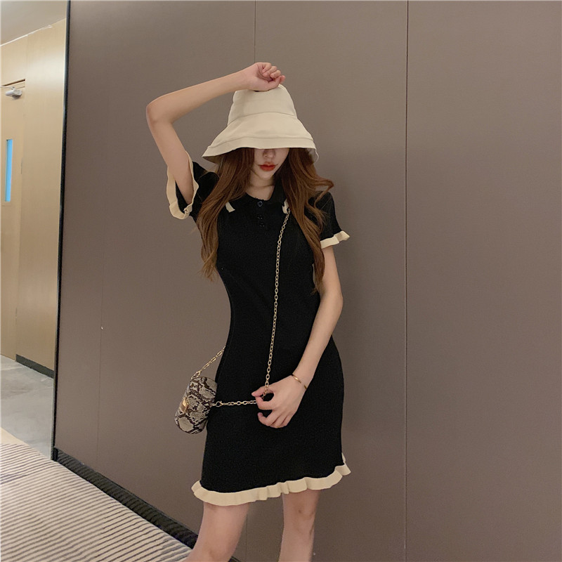 VK旗艦店 韓系拼接荷葉邊翻領木耳邊短袖洋裝