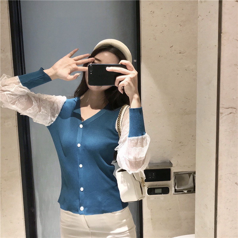 VK旗艦店 韓國風V領蕾絲針織衫薄款拼接長袖上衣