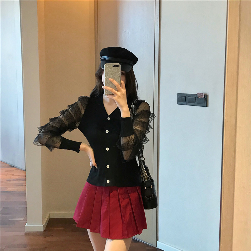 VK旗艦店 韓國風V領蕾絲針織衫薄款拼接長袖上衣