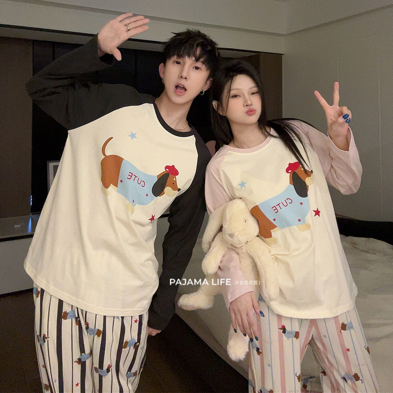 Cute Dachshund Couple Pajamas for Women, Spring and Autumn Pure Cotton Long-Sleeved Cartoon Casual Pullover Men's Home Wear Set