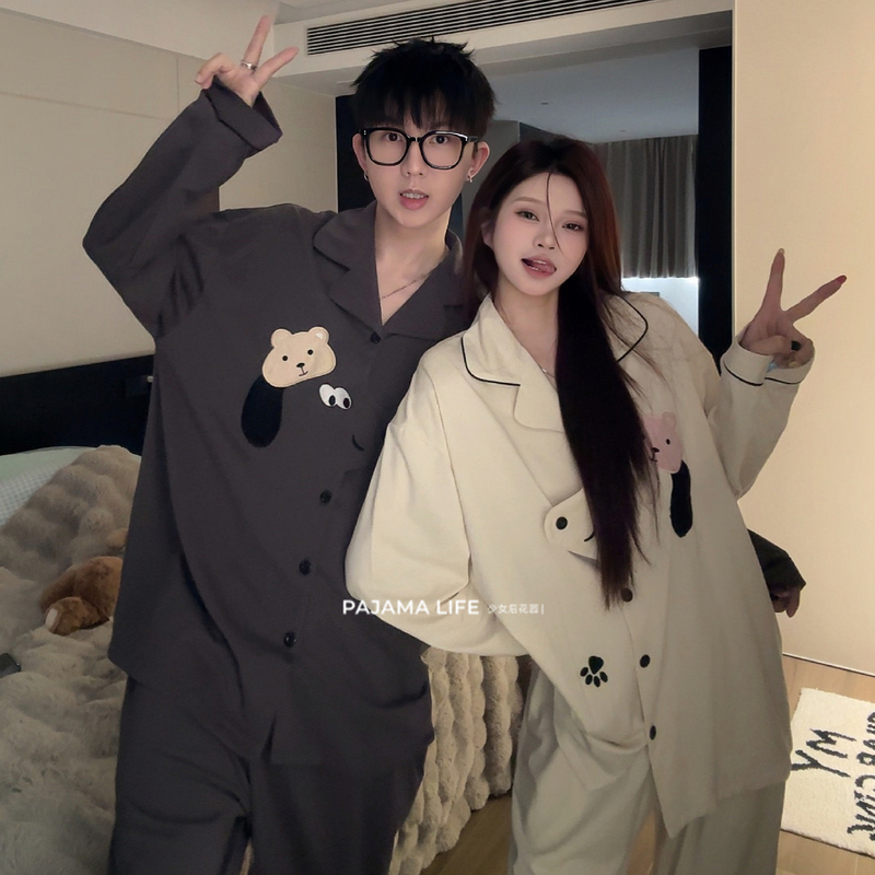 Cartoon Puppy Pure Cotton Couple Pajamas for Men and Women, Spring New Design, Long-Sleeved Home Wear Set That Can Be Worn Outside