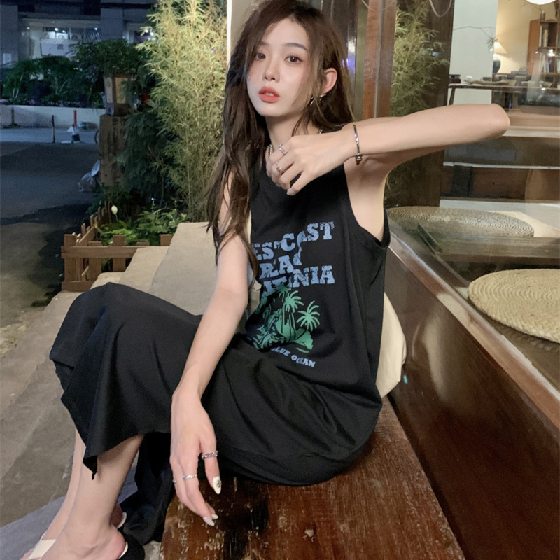 Pure Cotton Loose Casual Style Dress Summer Slit Print Sleeveless Tank Dress Long T-Shirt Dress Casual Long Dress Pure Cotton Loose Casual Style Dress Summer Slit Print Sleeveless Tank Dress Long T-Shirt Dress Casual Long Dress