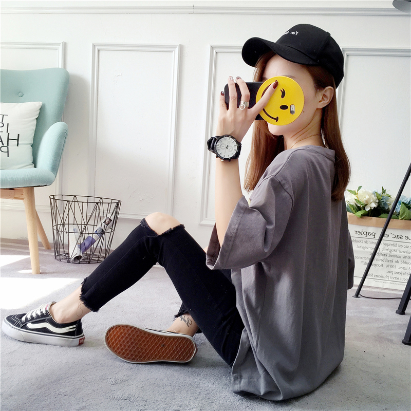 Mùa hè mới béo mm áo che bụng phiên bản Hàn Quốc của nữ sinh cỡ lớn che thịt áo thun ngắn tay cotton nữ bf quần jean nữ