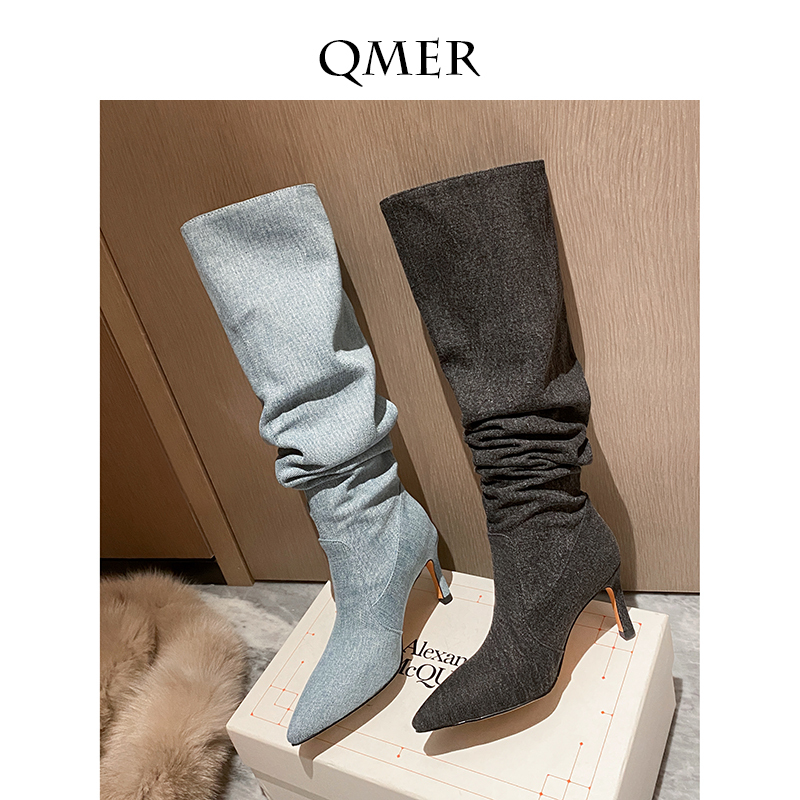 Qmer Spicy Girl Style~ Stacked Boots for Women with Stiletto Heels, Pointed Toes, High Heels, Tall Boots, Loose Long Denim Boots