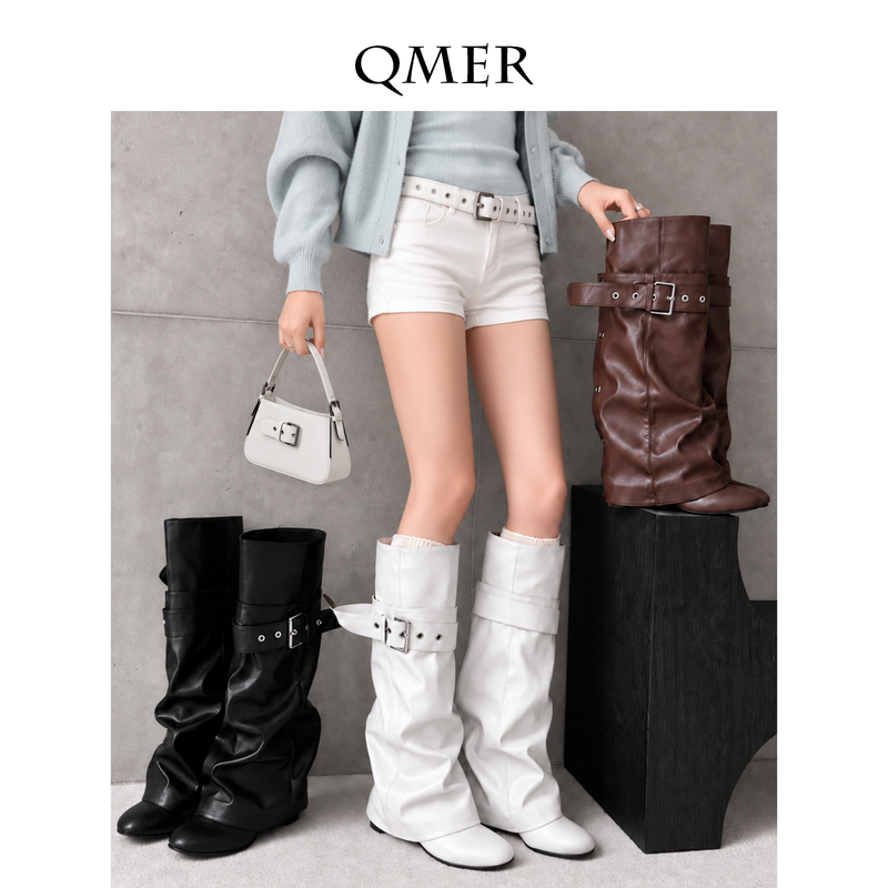 Qiumeier Two-Way Wear Chunky Heel Trouser Boots for Women, Slimming and Leg-Shaping High Tube Riding Boots, Versatile Long Boots with High Heels