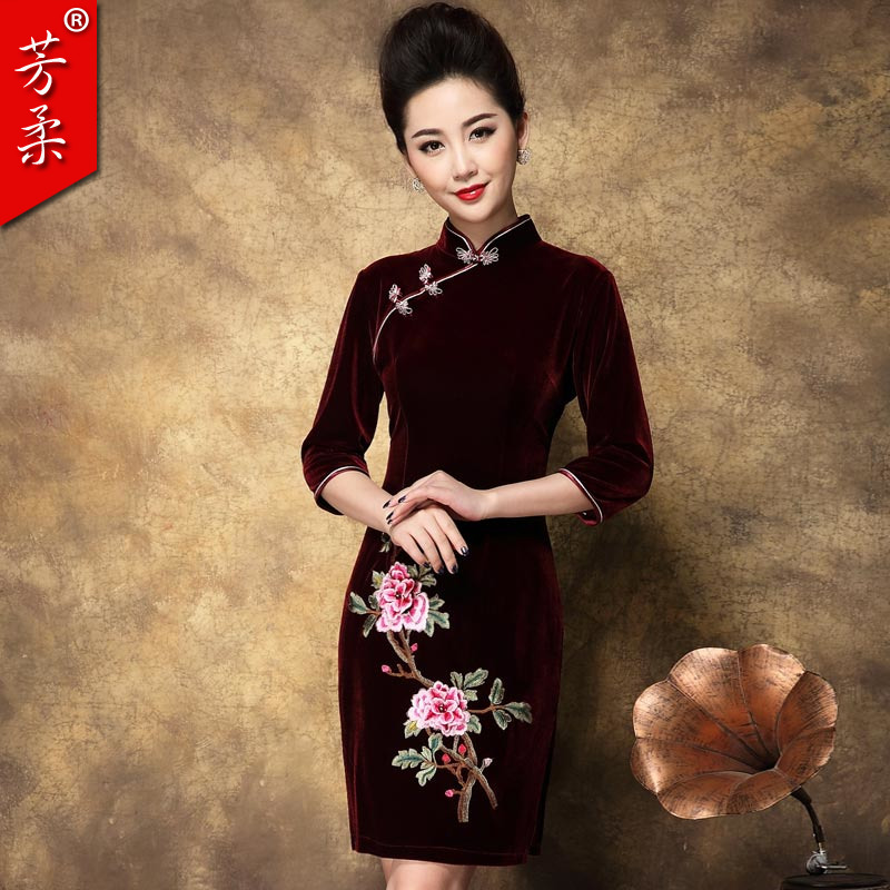 芳柔 Fashionable velvet wedding dress for mother, retro demi-season cheongsam