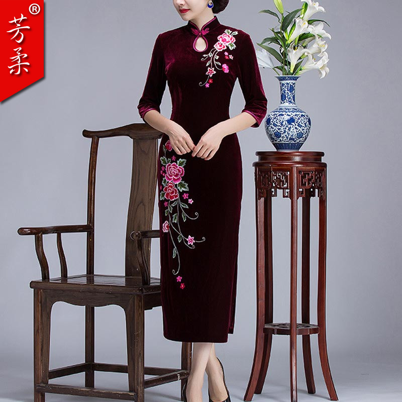 芳柔 Autumn velvet long dress for mother, cheongsam, skirt